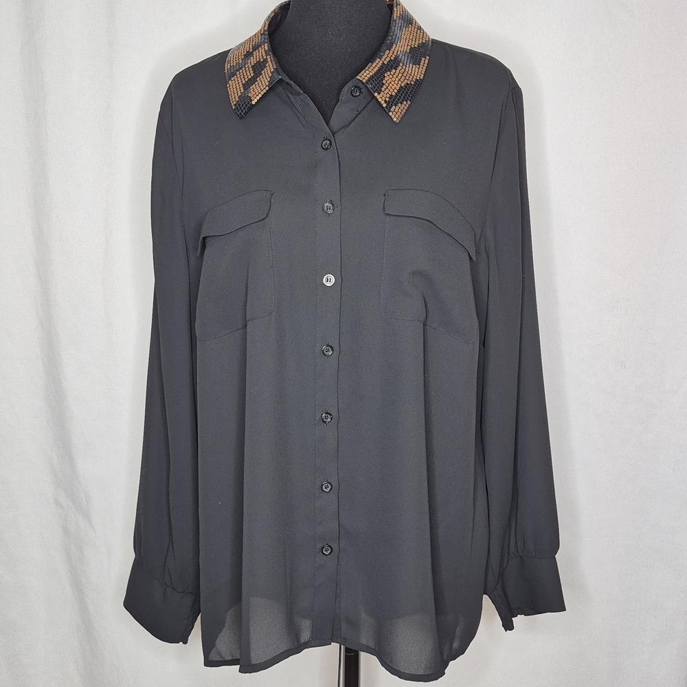 Alfani Woman Black Semi-Sheer Button-Front Blouse w/ Sequined Collar - Size 18W